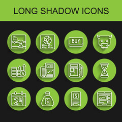 Set line Calendar, Money bag, Failure stocks market, Business finance report, Trading courses, Old hourglass and Stock news icon. Vector