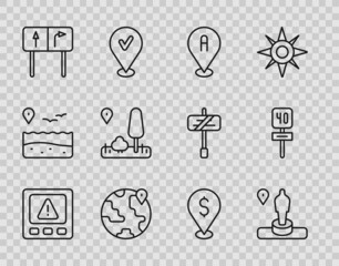 Set line Gps device error, Location and monument, the globe, Road traffic sign, City map navigation, Cash location and icon. Vector