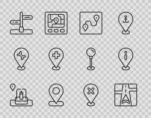 Set line Location with fountain, Gps device map, Route location, Road traffic sign, Medical cross, mark and information icon. Vector