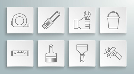 Set line Construction bubble level, Chainsaw, Paint brush, Putty knife, Hammer, Wrench spanner, Bucket and Roulette construction icon. Vector