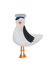 Illustration of cute seagull in hat. Illustration isolated on white backdrop. For print, decor, cards. 