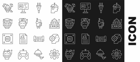 Set line Robot, Humanoid robot, Error in, Electric plug, low battery charge, and icon. Vector