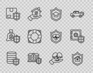 Set line Money with shield, House, Graduation cap, Delivery security, Lifebuoy, insurance in hand and Safe icon. Vector