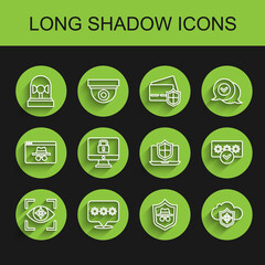 Set line Eye scan, Password protection, Flasher siren, Incognito mode, Cloud and shield, Lock monitor, and Laptop protected with icon. Vector