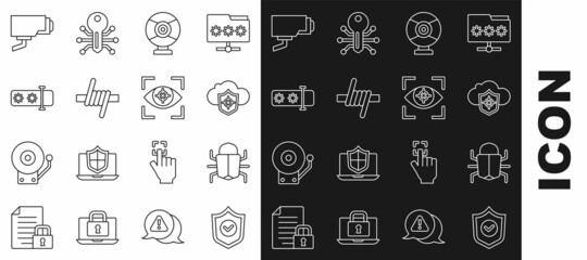 Set line Shield with check mark, System bug, Cloud and shield, Security camera, Barbed wire, Password protection, and Eye scan icon. Vector
