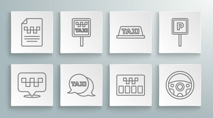 Set line Location with taxi, Road sign for stand, Taxi call telephone service, Taximeter, Steering wheel, car roof, Parking and driver license icon. Vector
