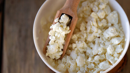 Fresh homemade cottage cheese in a bowl.