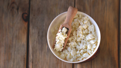 Fresh homemade cottage cheese in a bowl.