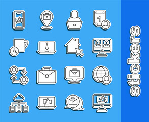 Set line Video camera Off on computer, Freelancer, chat conference, Time management, mobile and Online working icon. Vector