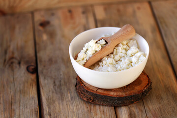 Fresh homemade cottage cheese in a bowl.
