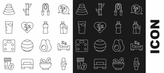 Set line Smart watch, Time to sleep, Bottle of water with glass, Jump rope, Sleepy, Glass, Stack hot stones and icon. Vector