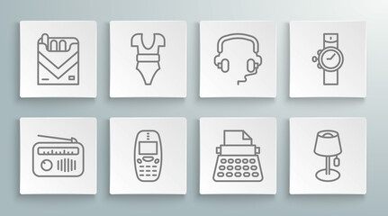 Set line Radio with antenna, Swimsuit, Old mobile phone, Retro typewriter, Floor lamp, Headphones, Wrist watch and Cigarettes pack box icon. Vector