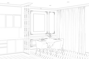 Sketch of a modern classic dining room with a blank vertical poster on the classic wall, round table with chairs near a large window with curtains, kitchen with classic decorative partition. 3d render