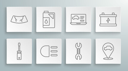 Set line Screwdriver, Canister for motor oil, High beam, Wrench spanner, Location with car service, Diagnostics condition of, Car battery and Broken windshield icon. Vector