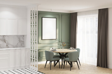Modern classic dining room with a blank vertical poster on the green classic wall, round table with chairs near a large window with curtains, white kitchen with classic decorative partition. 3d render