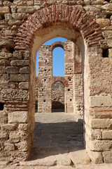 Ruins of byzantine Church of Saint Sophia in the old town of Nessebar, Burgas Region, Bulgaria. The Ancient City of Nesebar is a UNESCO World Heritage Site. Architectural details