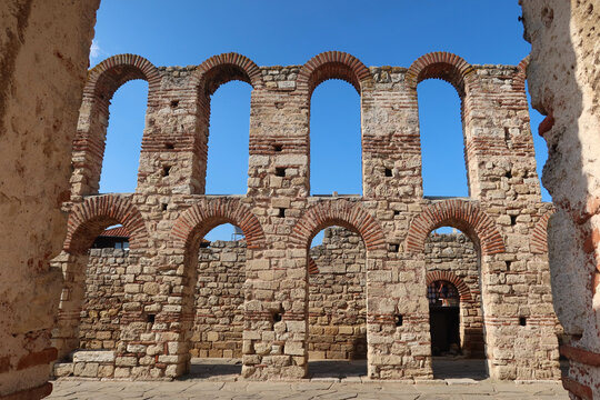 Ruins of byzantine Church of Saint Sophia in the old town of Nessebar, Burgas Region, Bulgaria. The Ancient City of Nesebar is a UNESCO World Heritage Site. Architectural details