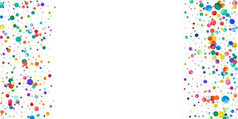 Watercolor confetti on white background. Adorable rainbow colored dots. Happy celebration wide colorful bright card. Symmetrical hand painted confetti.