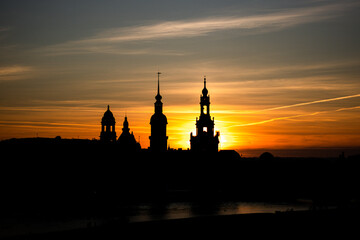 silhouette of the cathedral in Dresden on sunrise 