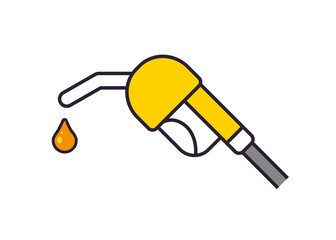Yellow gas fuel pump nozzle and drop icon isolated line vector. Gasoline or petrol filling station sign.