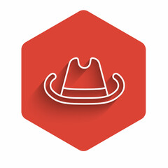 White line Western cowboy hat icon isolated with long shadow background. Red hexagon button. Vector