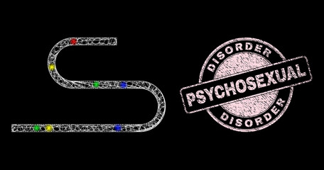 Glossy hatched mesh cord icon with glare effect on a black background, and Disorder Psychosexual dirty stamp seal. Pink stamp seal has Disorder Psychosexual tag inside circle form.