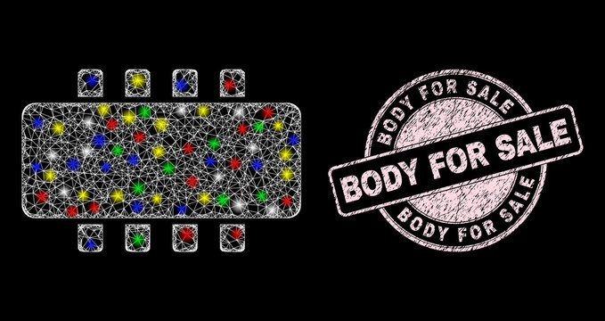 Glossy crossing net mesh chip icon with glitter effect on a black background, and Body for Sale dirty stamp. Pink stamp seal includes Body for Sale tag inside round shape.