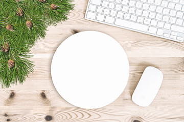 Round mouse pad mock up. Office desk keyboard Christmas