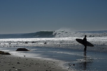 Naklejka premium Surfer Contemplating the Waves at Rincon, California