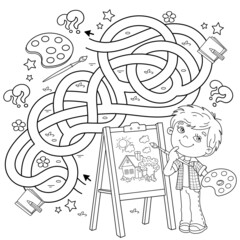 Maze or Labyrinth Game. Puzzle. Tangled road. Coloring Page Outline Of cartoon boy with brush and paints. Little artist with easel. Coloring book for kids.