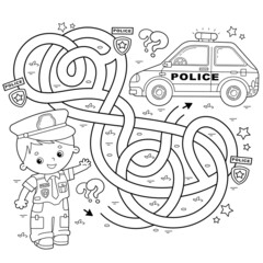 Maze or Labyrinth Game. Puzzle. Tangled road. Coloring Page Outline Of cartoon policeman with car. Profession - police. Coloring book for kids. © oleon17