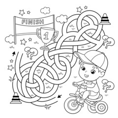 Maze or Labyrinth Game. Puzzle. Tangled road. Coloring Page Outline Of cartoon little boy on bicycle or bike. Sport activity. Coloring book for kids.