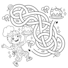 Maze or Labyrinth Game. Puzzle. Tangled road. Coloring Page Outline Of cartoon fun boy chef with cake. Little cook or scullion. Profession. Coloring book for kids.