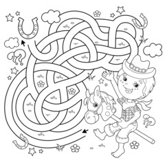 Maze or Labyrinth Game. Puzzle. Tangled road. Coloring Page Outline Of cartoon Boy playing cowboy with toy horse. Housework and cleaning, Coloring book for kids.