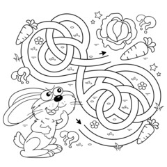 Maze or Labyrinth Game. Puzzle. Tangled road. Coloring Page Outline Of cartoon little bunny or hare with carrot and cabbage . Coloring book for kids.