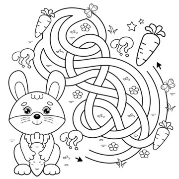 Maze or Labyrinth Game. Puzzle. Tangled road. Coloring Page Outline Of cartoon little bunny or hare with carrot. Coloring book for kids.
