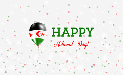 Western Sahara National Day patriotic poster. Flying Rubber Balloon in Colors of the Sahrawi Flag. Western Sahara National Day background with Balloon, Confetti, Stars, Bokeh and Sparkles.