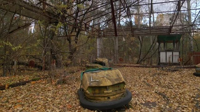 Close up view of bumper cars Decayed Autodrome in ghost town Pripyat in radioactive chernobyl exclusion zone