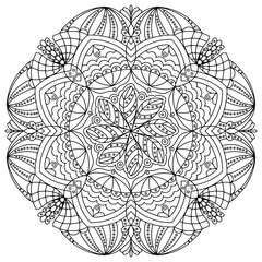 Mandala drawing vector element. Coloring page, coloring book for kids and adults. Background with space for text. Outline floral round ornament. Line Illustration for printing on paper or fabric.
