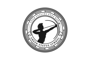 Hercules Heracles with Bow Longbow Arrow, Muscular Myth Greek Archer Warrior Silhouette with Circle Emblem Badge Pattern Frame Leaf Wreath Logo design - obrazy, fototapety, plakaty