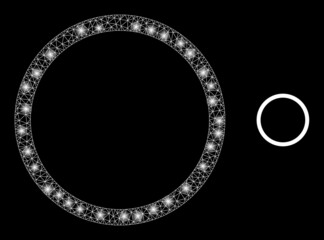 Glossy polygonal mesh web contour circle icon with glow effect on a black background. Wire frame contour circle iconic vector with flash spheres in vibrant colors.