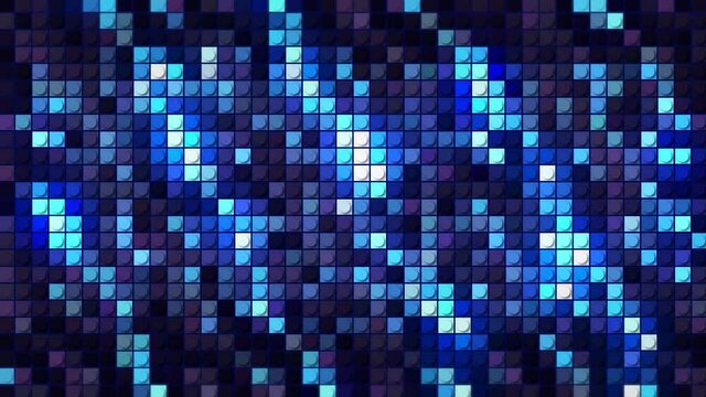 Technology blue digital noise background, a wall of colorful particles, seamless loop. Motion. Rows pf blinking pixels or squares.