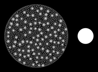 Glossy polygonal mesh web filled circle icon with glitter effect on a black background. Carcass filled circle iconic vector with shiny dots in magic colors.