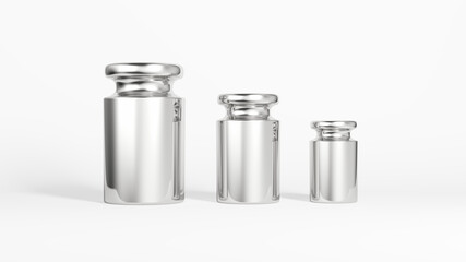 Calibration weight set isolated on white background. Three sizes. 3d illustration.