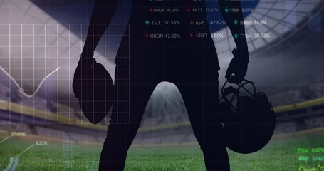 Animation of graphs and data processing over midsection of american football player at stadium - Powered by Adobe