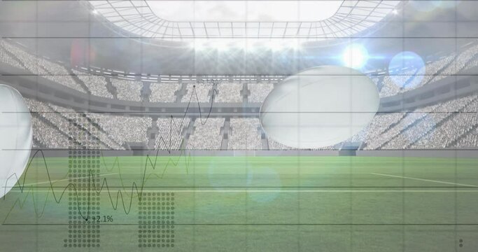 Animation of falling rugby balls with graphs and data processing over sports stadium