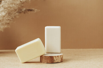 Bars of soap made from natural raw materials beige background. Organic cosmetics Spa health concept natural cosmetics