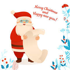 Santa Claus holding wish list, cartoon Christmas greeting card. Funny xmas character with reading empty checking sheet letter. Happy New Year congratulation for xmas postcard, advertisement, leaflet