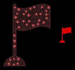 Glossy polygonal mesh web flag marker icon with glitter effect on a black background. Wire frame flag marker iconic vector with flash dots in stardust colors.