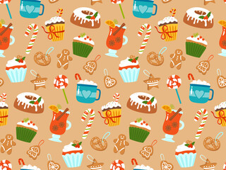 Christmas seamless pattern, cup, candy lollipop holly, muffin cake, cookie gingerbread. New Year xmas winter drawing for textile print, wallpaper, fills, fabric, greeting card, wrapping paper